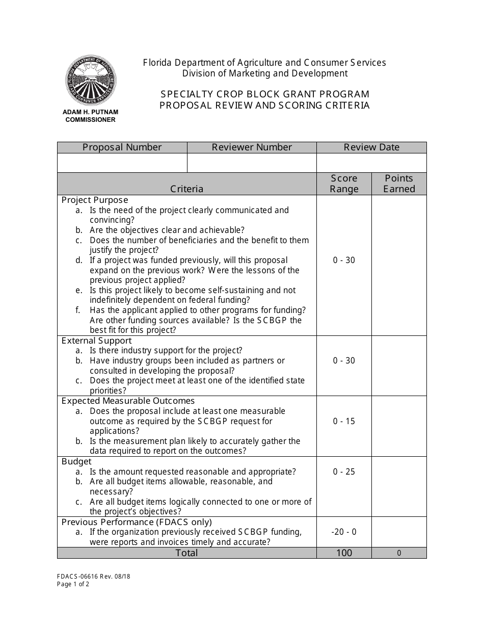 Form FDACS-06616 Specialty Crop Block Grant Program Proposal Review and Scoring Criteria - Florida, Page 1