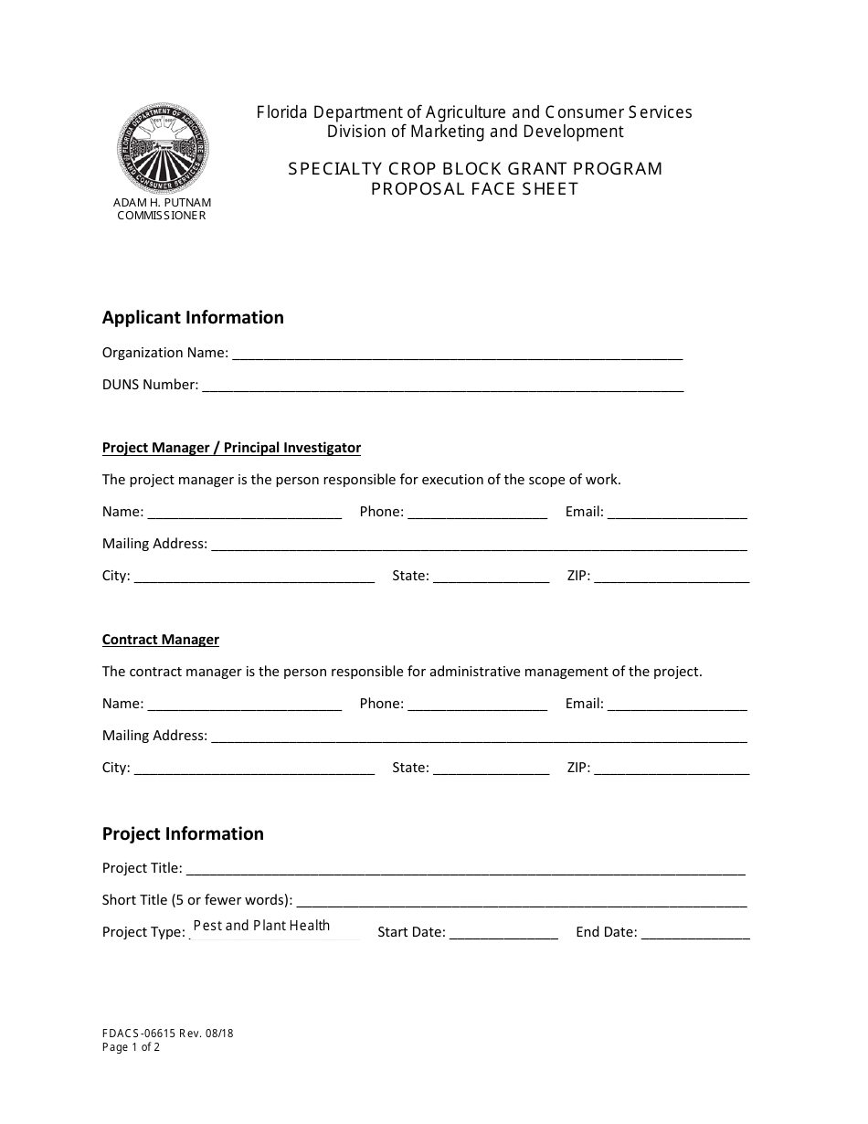 Form FDACS-06615 Specialty Crop Block Grant Program Proposal - Florida, Page 1