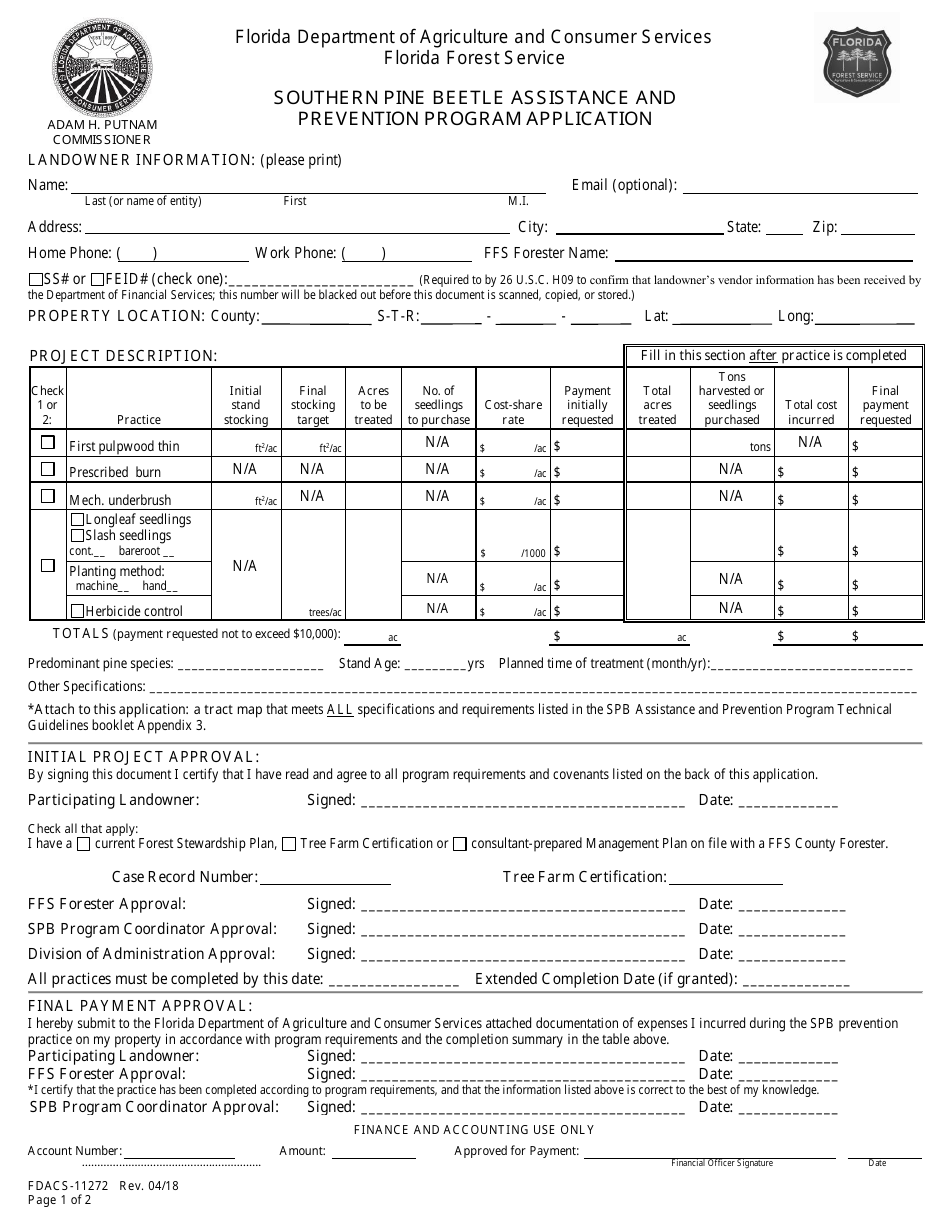 Form FDACS-11272 Southern Pine Beetle Assistance and Prevention Program Application - Florida, Page 1