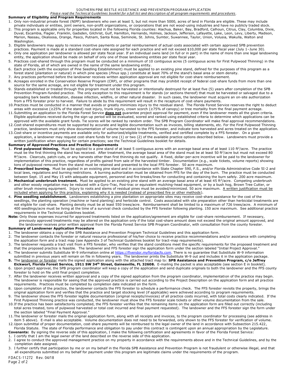 Form FDACS-11272 Southern Pine Beetle Assistance and Prevention Program Application - Florida, Page 2