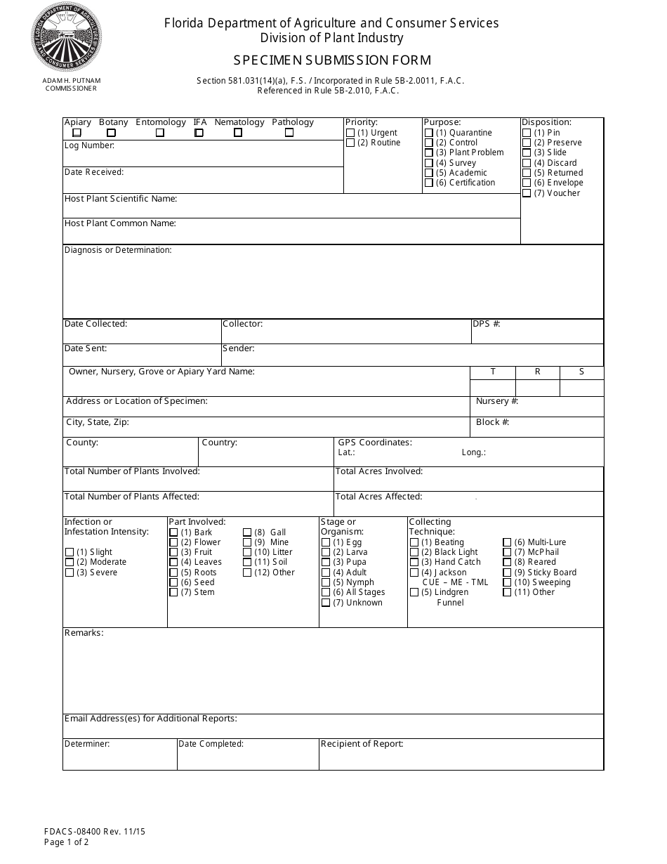 Form FDACS-08400 Specimen Submission Form - Florida, Page 1