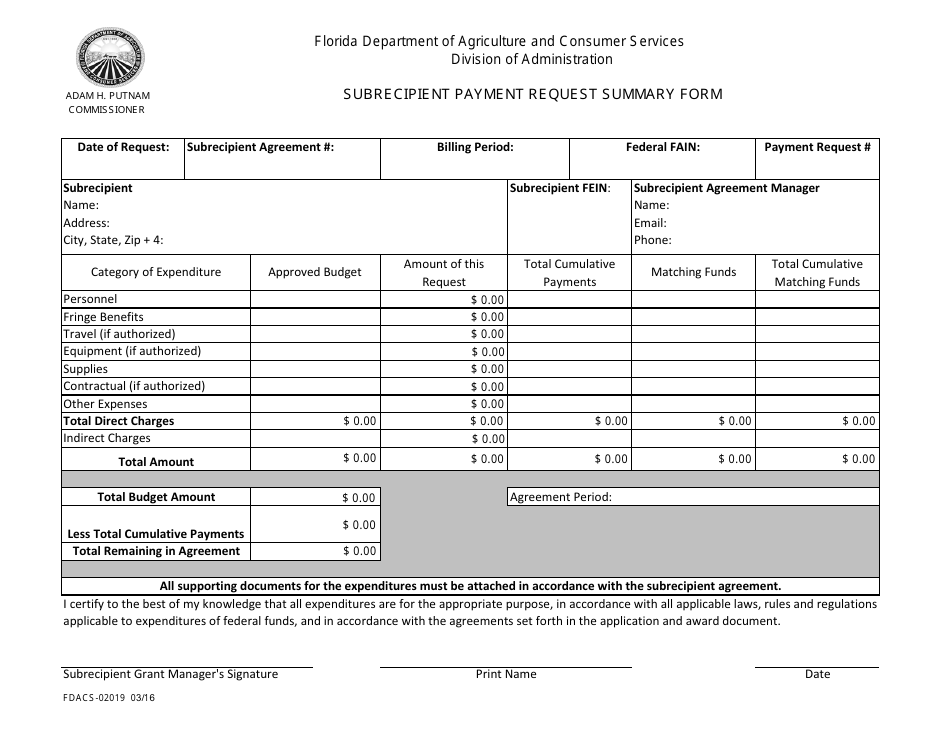 Form FDACS-02019 Subrecipient Payment Request Summary Form - Florida, Page 1