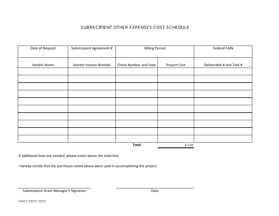 Form FDACS-02019 Subrecipient Payment Request Summary Form - Florida, Page 8