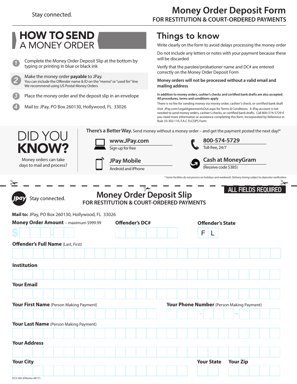 Form DC2-364 Money Order Deposit Form - Florida, Page 1