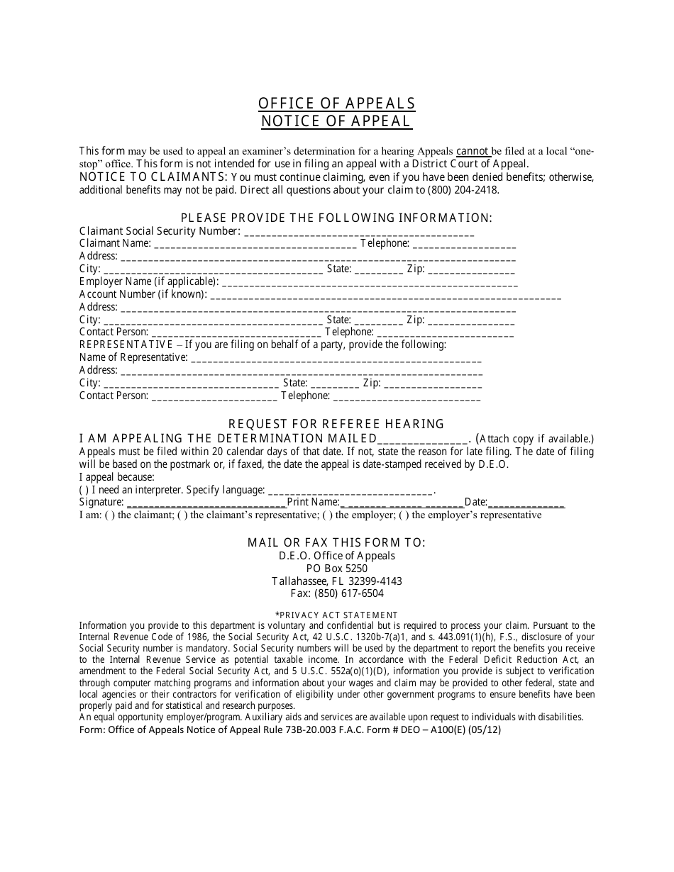 Form DEO A100 E Download Printable PDF Or Fill Online Notice Of Appeal 