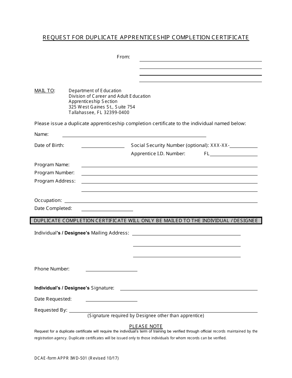 Form APPR IWD-501 Request for Duplicate Apprenticeship Completion Certificate - Florida, Page 1
