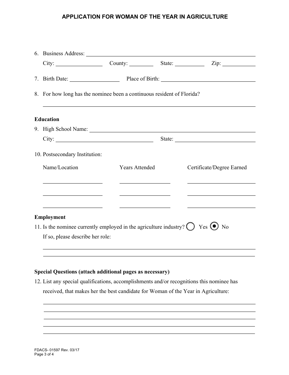Form FDACS-01597 Woman of the Year in Agriculture Application for Nomination - Florida, Page 4