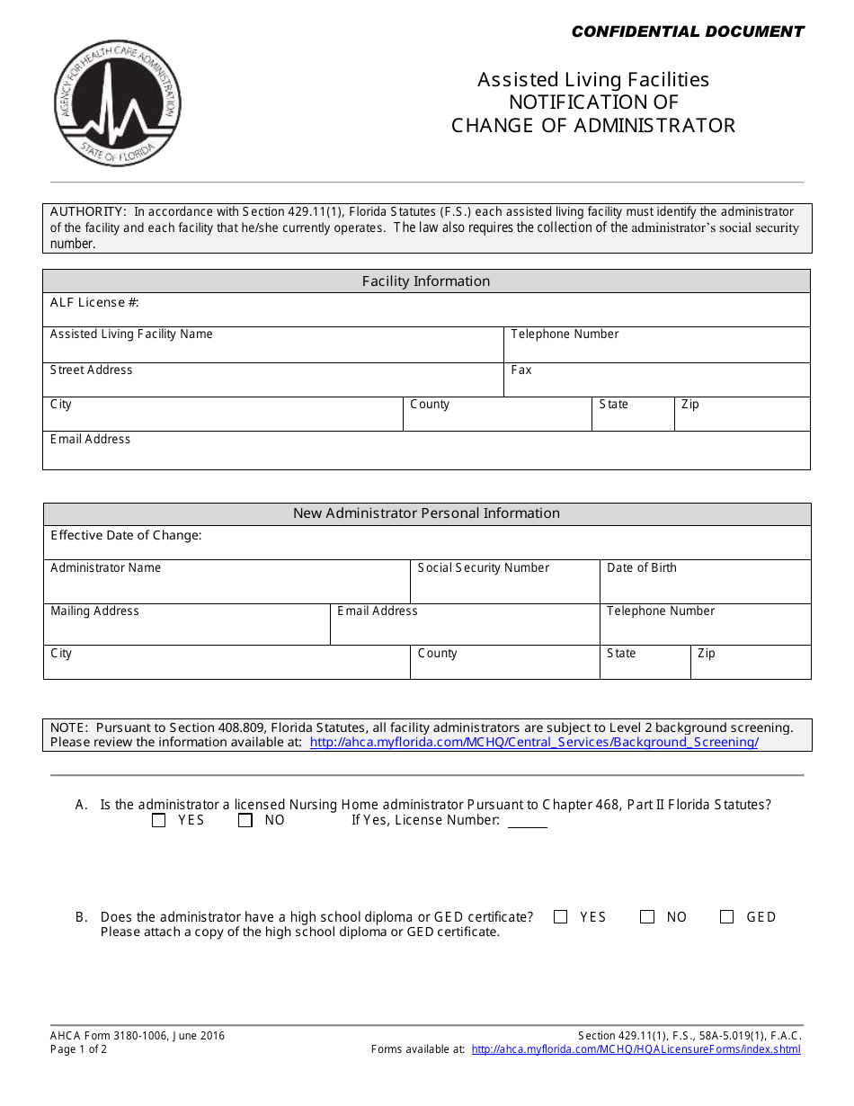 AHCA Form 3180-1006 Notification of Change of Administrator - Florida, Page 1