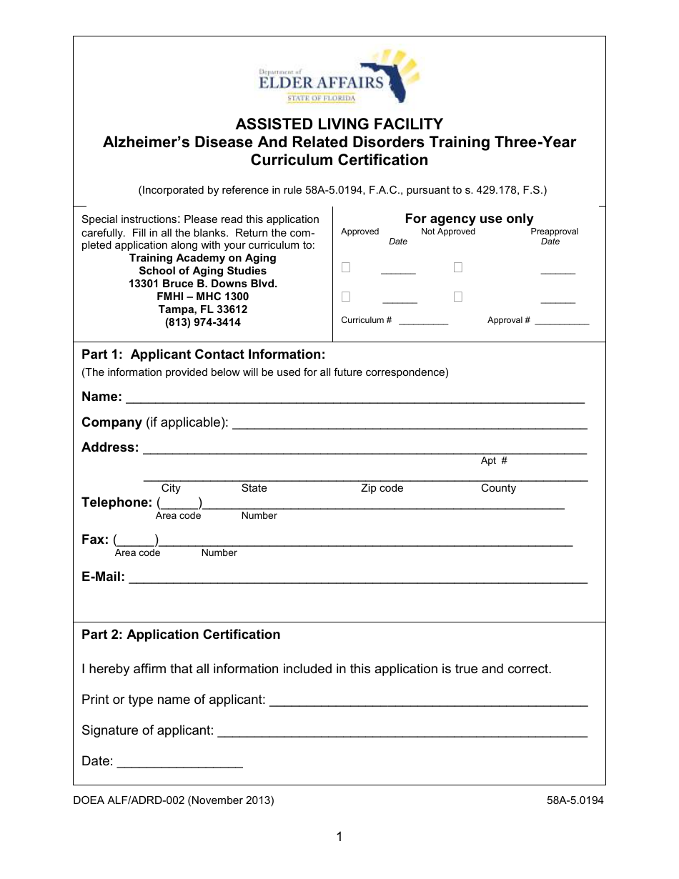 DOEA Form ALF / ADRD-002 Alzheimers Disease and Related Disorders Training Three-Year Curriculum Certification - Florida, Page 1