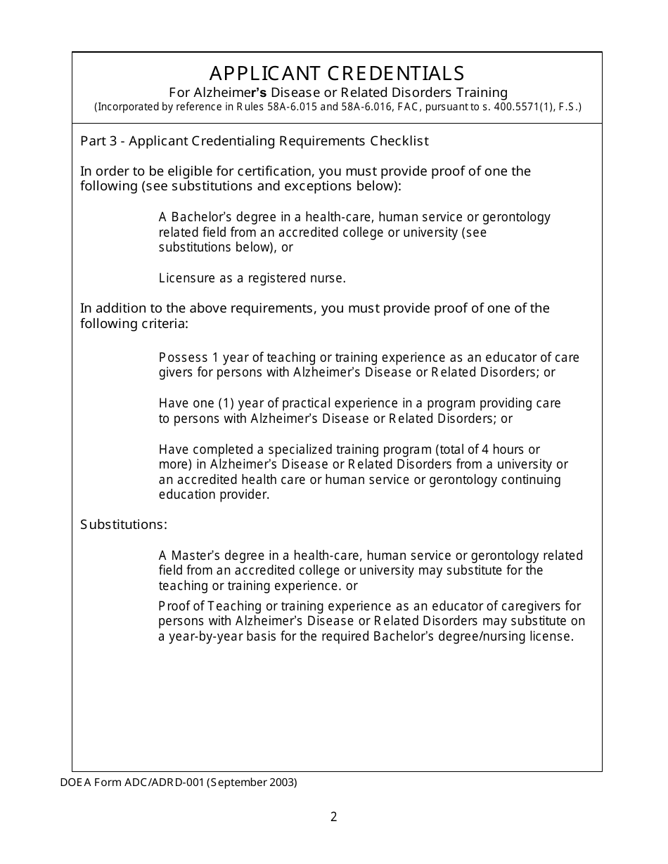 DOEA Form ADC / ADRD-001 Application for Adult Day Care Training Provider Certification - Alzheimers Disease or Related Disorders Training - Florida, Page 2