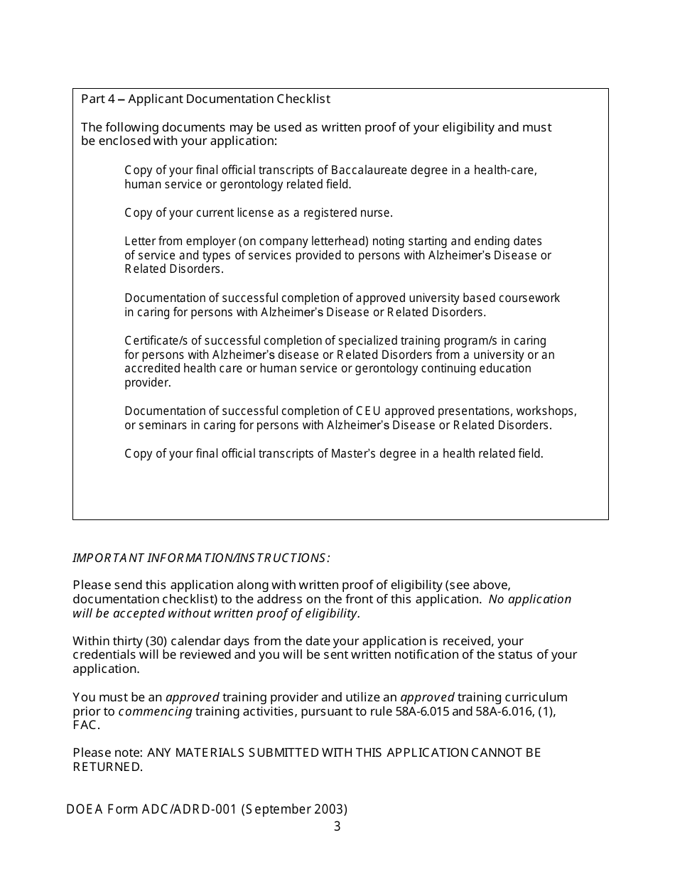 DOEA Form ADC / ADRD-001 Application for Adult Day Care Training Provider Certification - Alzheimers Disease or Related Disorders Training - Florida, Page 3