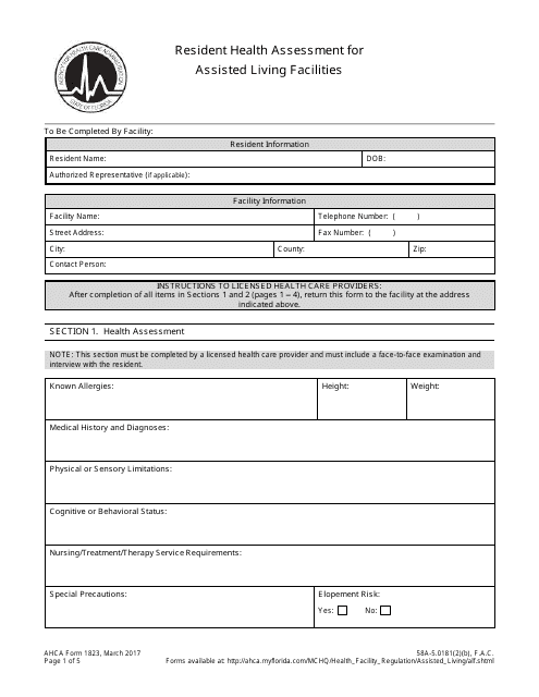 AHCA Form 1823  Printable Pdf