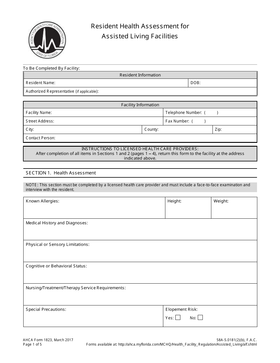 AHCA Form 1823 Resident Health Assessment for Assisted Living Facilities - Florida, Page 1