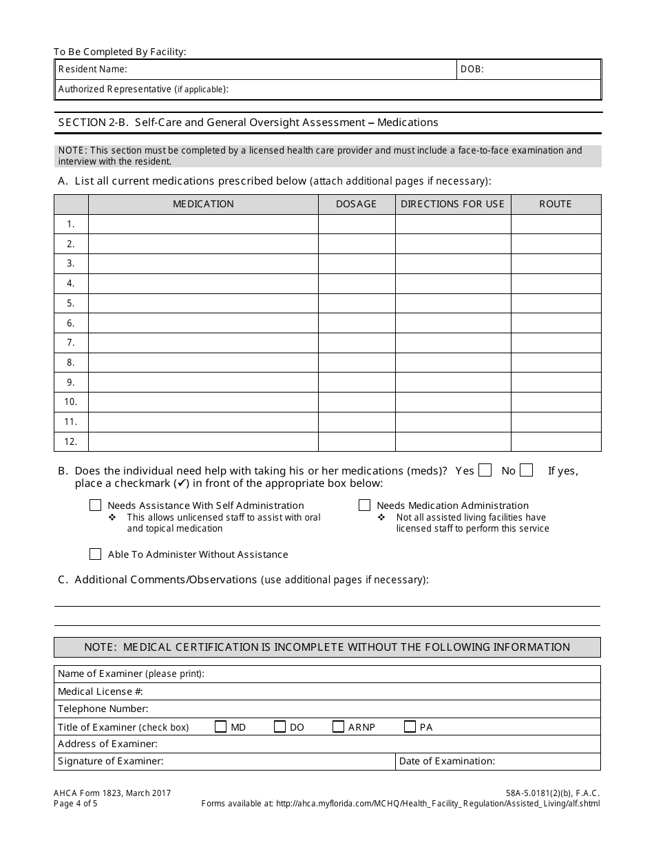 AHCA Form 1823 Download Printable PDF or Fill Online Resident Health