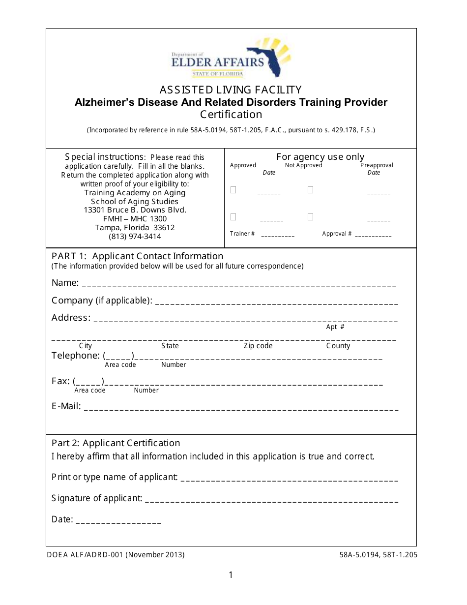 DOEA Form ALF/ADRD 001 Fill Out Sign Online and Download Printable
