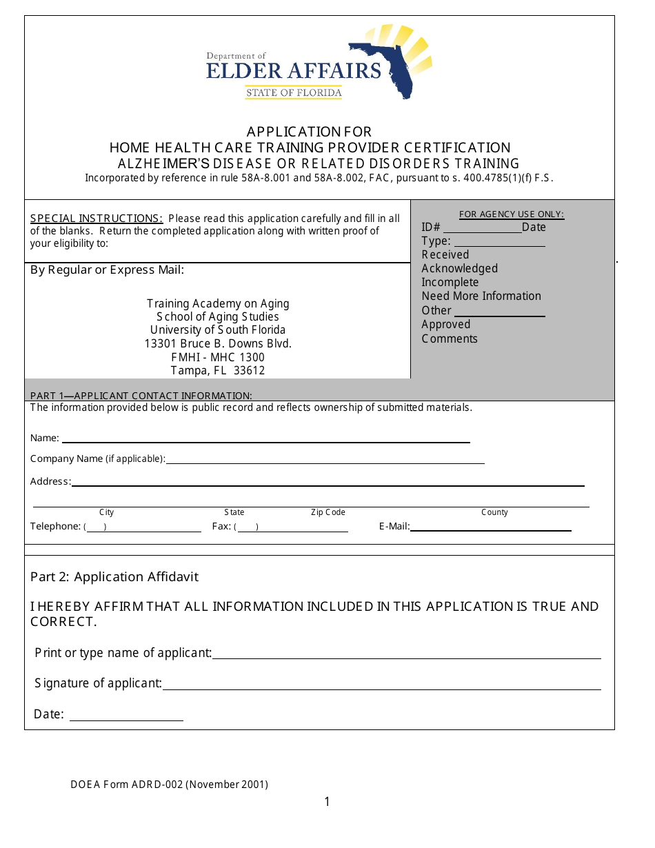 DOEA Form HH / ADRD-001 Application for Home Health Care Training Provider Certification - Alzheimers Disease or Related Disorders Training - Florida, Page 1
