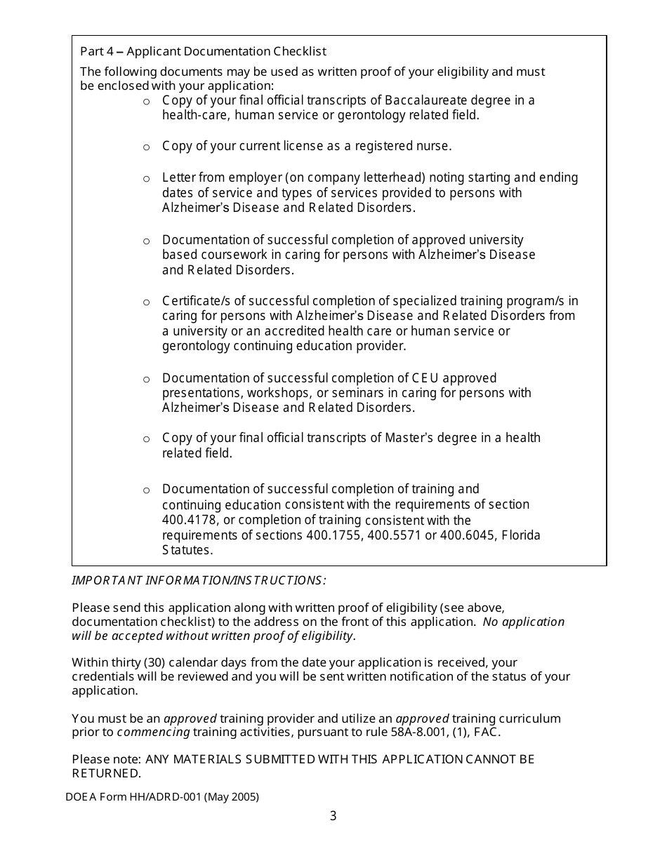 DOEA Form HH / ADRD-001 Application for Home Health Care Training Provider Certification - Alzheimers Disease or Related Disorders Training - Florida, Page 3