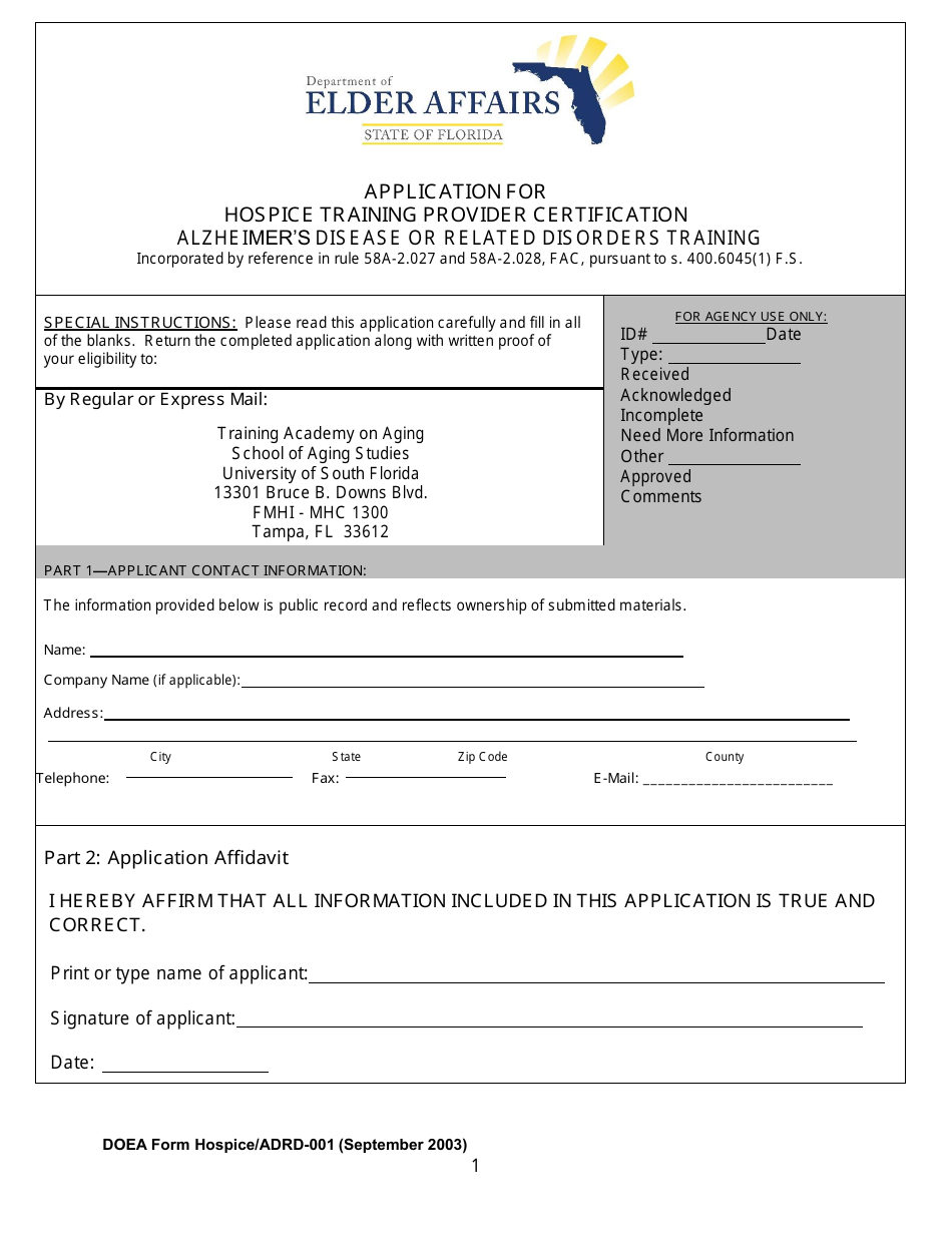 DOEA Form Hospice / ADRD-001 Application for Hospice Training Provider Certification - Alzheimers Disease or Related Disorders Training - Florida, Page 1