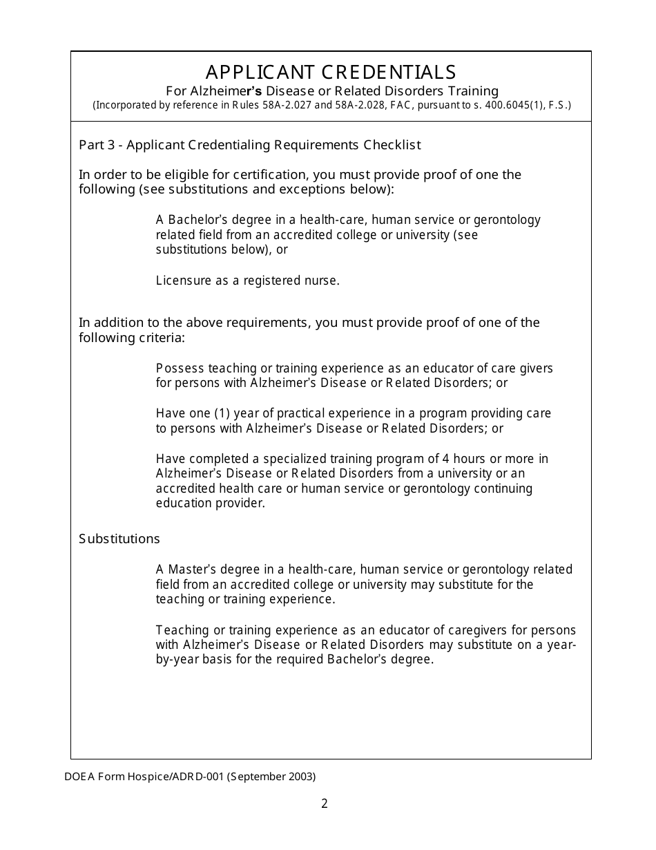 DOEA Form Hospice / ADRD-001 Application for Hospice Training Provider Certification - Alzheimers Disease or Related Disorders Training - Florida, Page 2