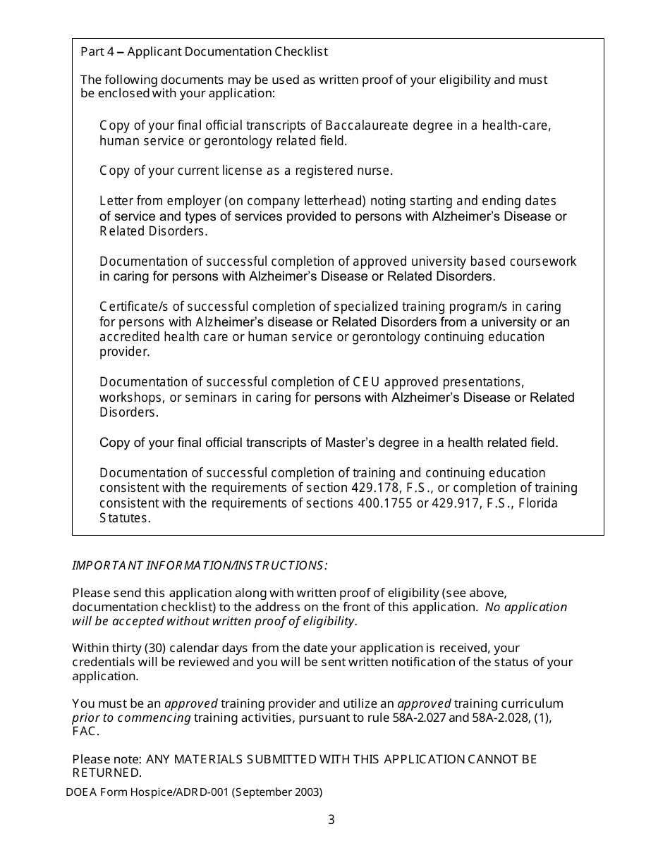DOEA Form Hospice / ADRD-001 Application for Hospice Training Provider Certification - Alzheimers Disease or Related Disorders Training - Florida, Page 3