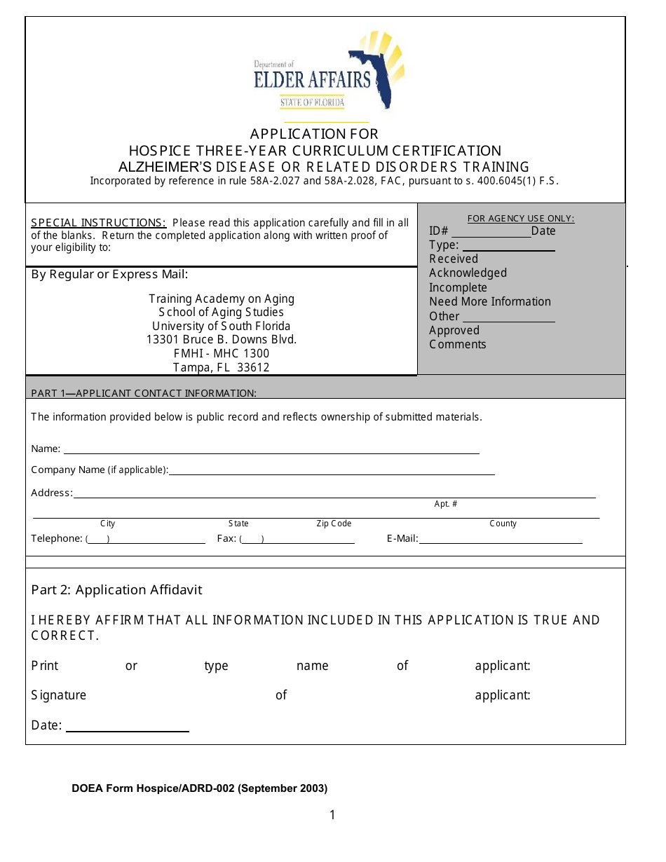 DOEA Form Hospice / ADRD-002 Application for Hospice Three-Year Curriculum Certification - Alzheimers Disease or Related Disorders Training - Florida, Page 1