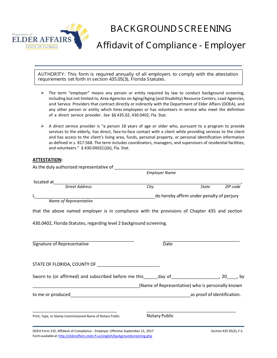 DOEA Form 235 Affidavit of Compliance - Employer - Florida, Page 1