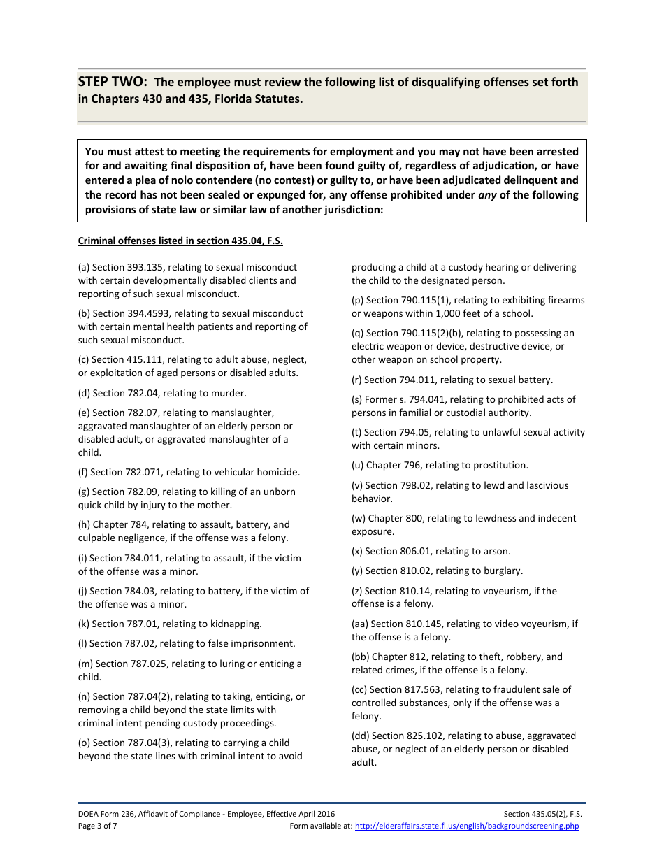 DOEA Form 236 Affidavit of Compliance - Employee - Florida, Page 3