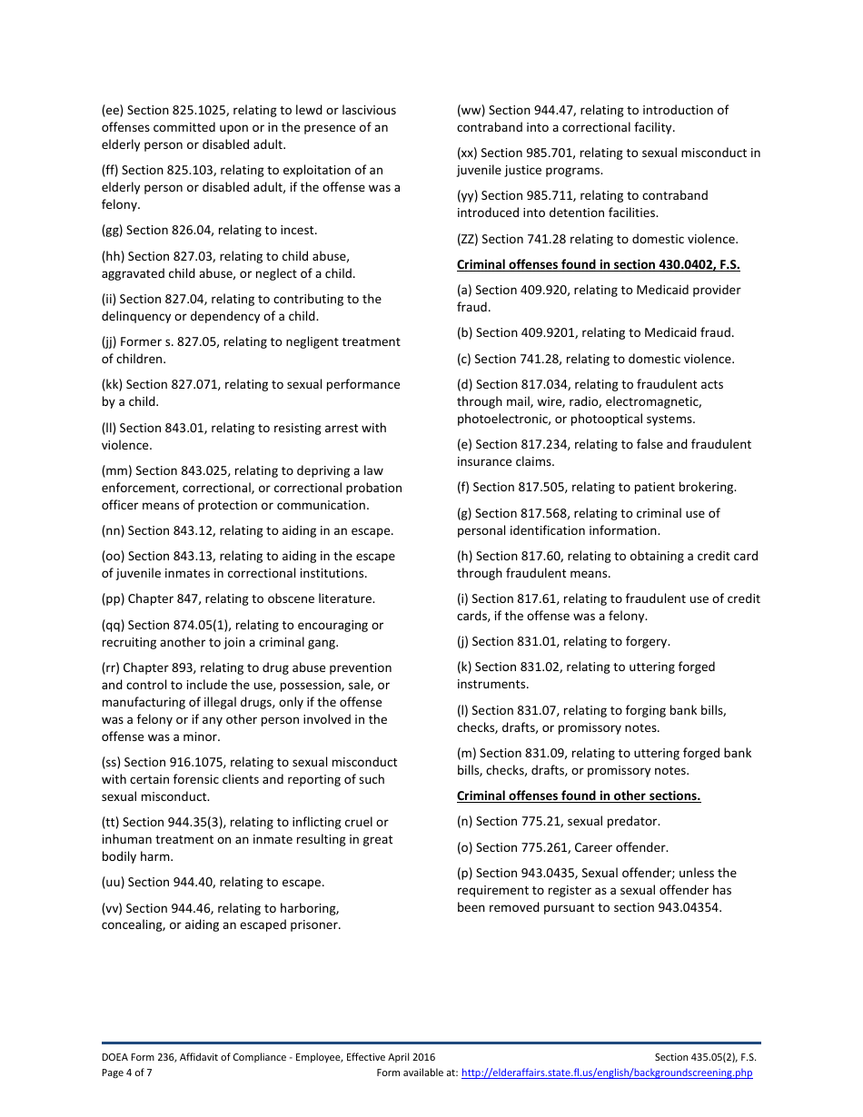 DOEA Form 236 Affidavit of Compliance - Employee - Florida, Page 4