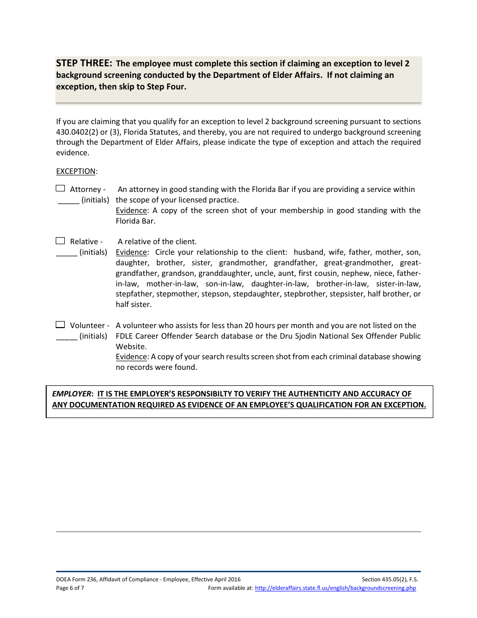 DOEA Form 236 Affidavit of Compliance - Employee - Florida, Page 6
