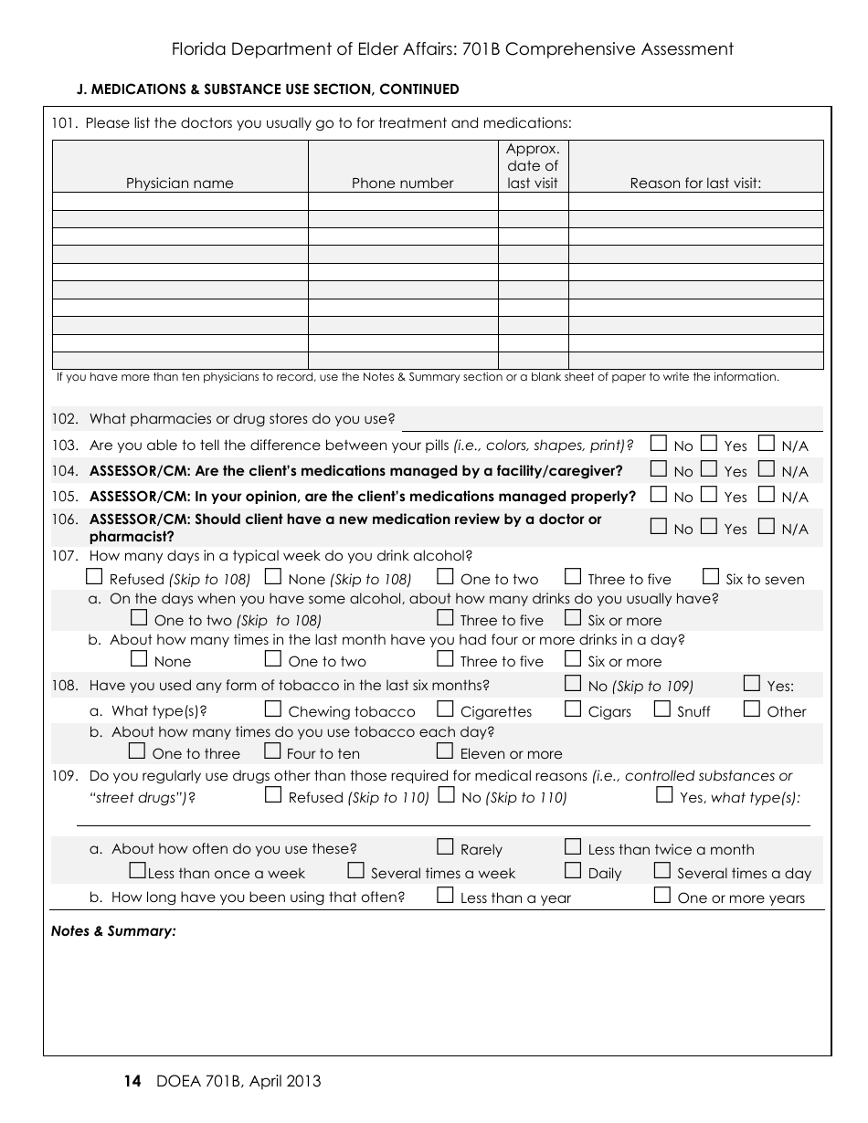 DOEA Form 701B Comprehensive Assessment - Florida, Page 14