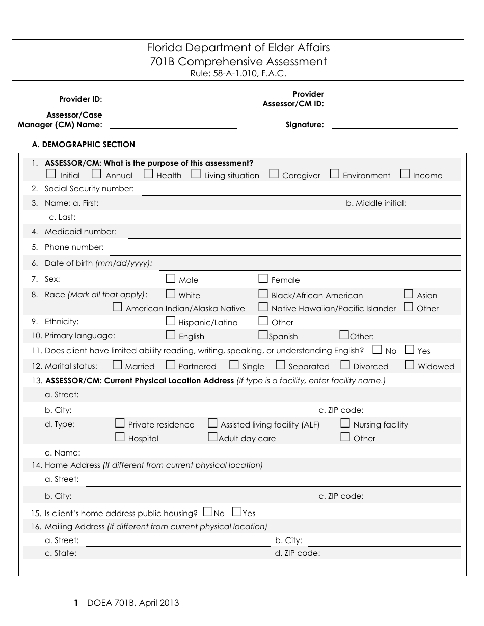 DOEA Form 701B Comprehensive Assessment - Florida, Page 1