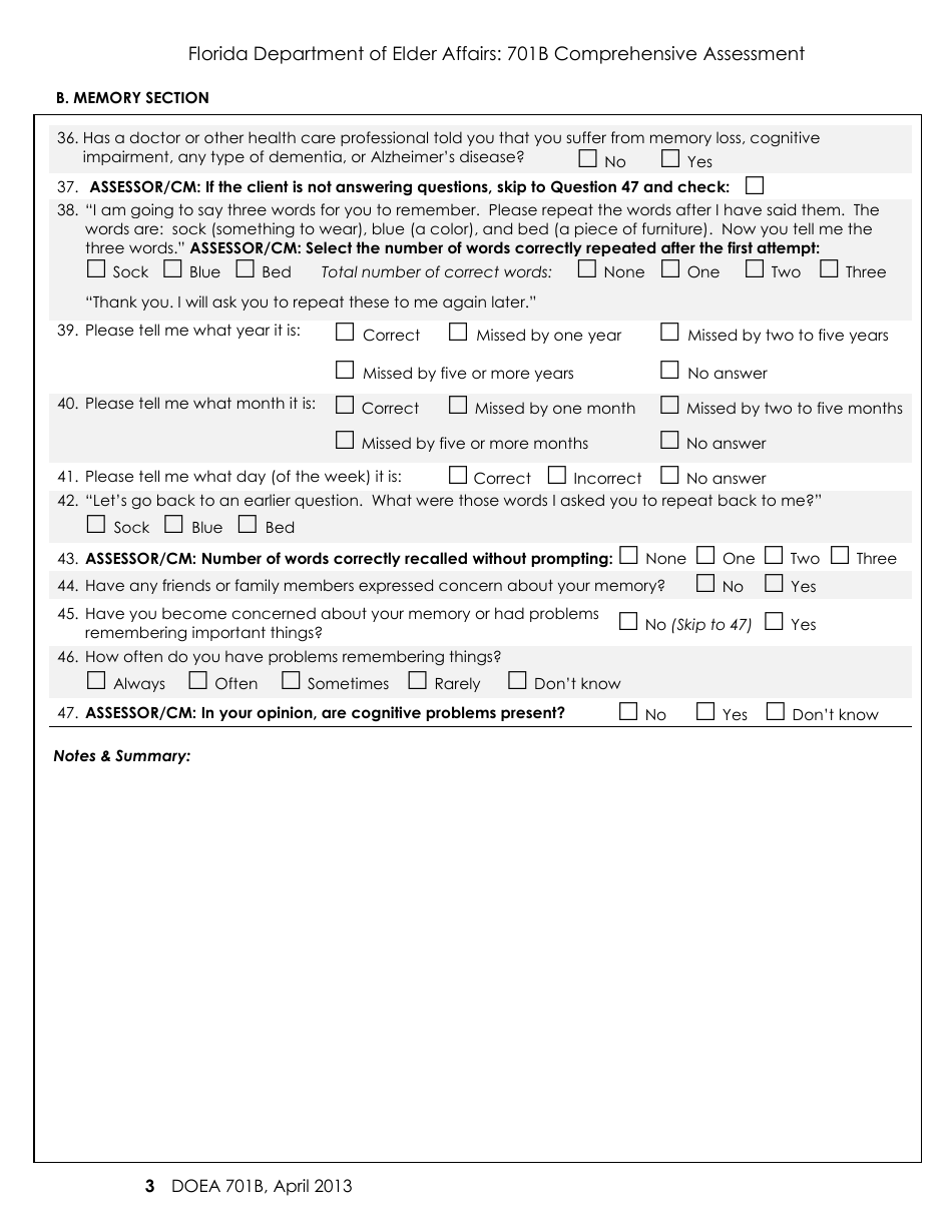 DOEA Form 701B Comprehensive Assessment - Florida, Page 3