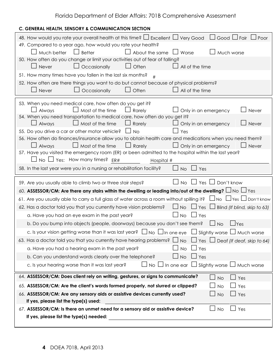 DOEA Form 701B Comprehensive Assessment - Florida, Page 4