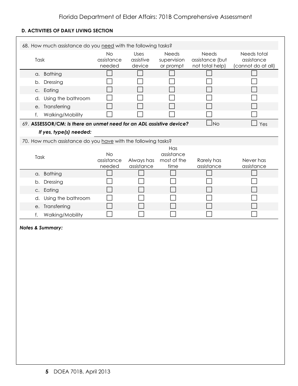 DOEA Form 701B Comprehensive Assessment - Florida, Page 5