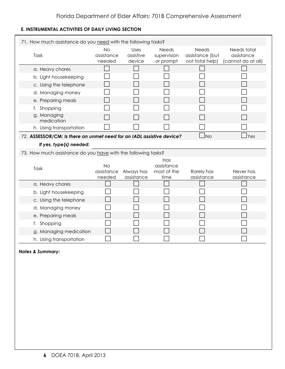 DOEA Form 701B Comprehensive Assessment - Florida, Page 6