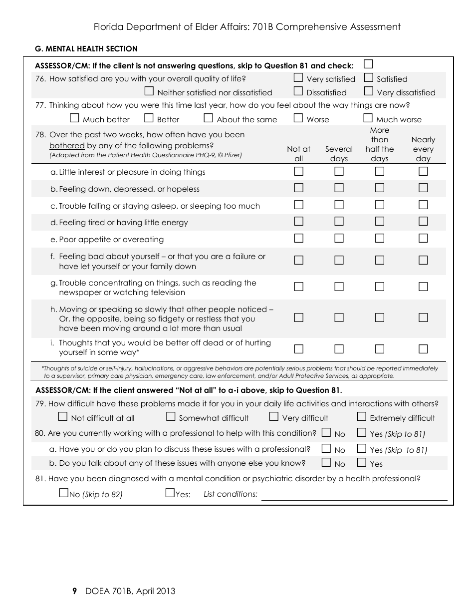 DOEA Form 701B Comprehensive Assessment - Florida, Page 9