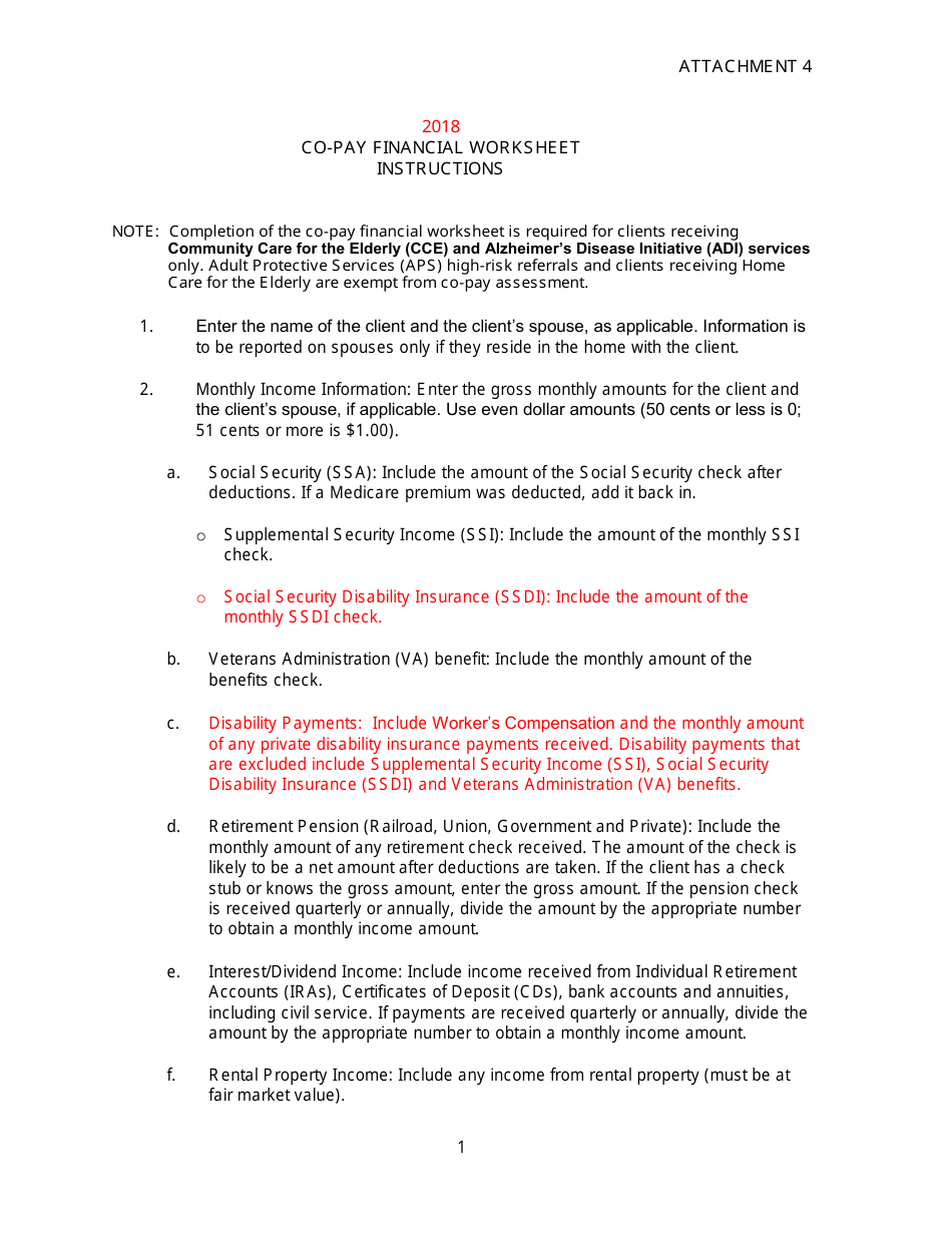 Instructions for DOEA Form 154 Attachment 4 Eligibility Financial Worksheet and Assessed Co-payment Form - Florida, Page 1