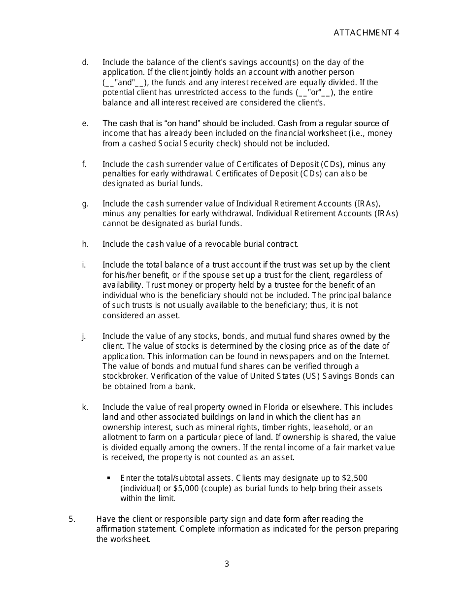 Instructions for DOEA Form 154 Attachment 4 Eligibility Financial Worksheet and Assessed Co-payment Form - Florida, Page 3