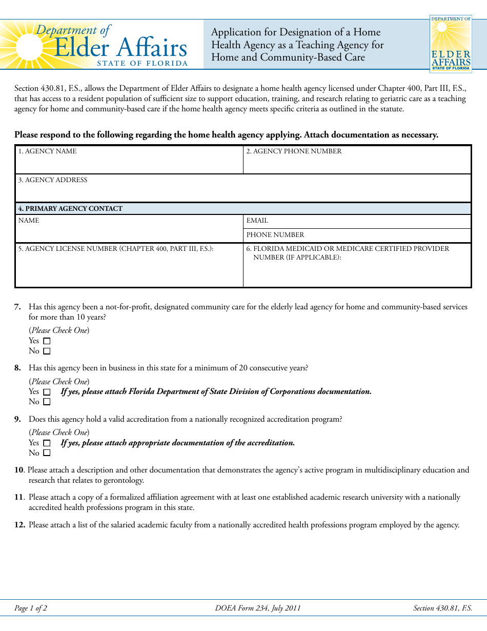 DOEA Form 234 Application for Designation of a Home Health Agency as a Teaching Agency for Home and Community-Based Care - Florida, Page 1