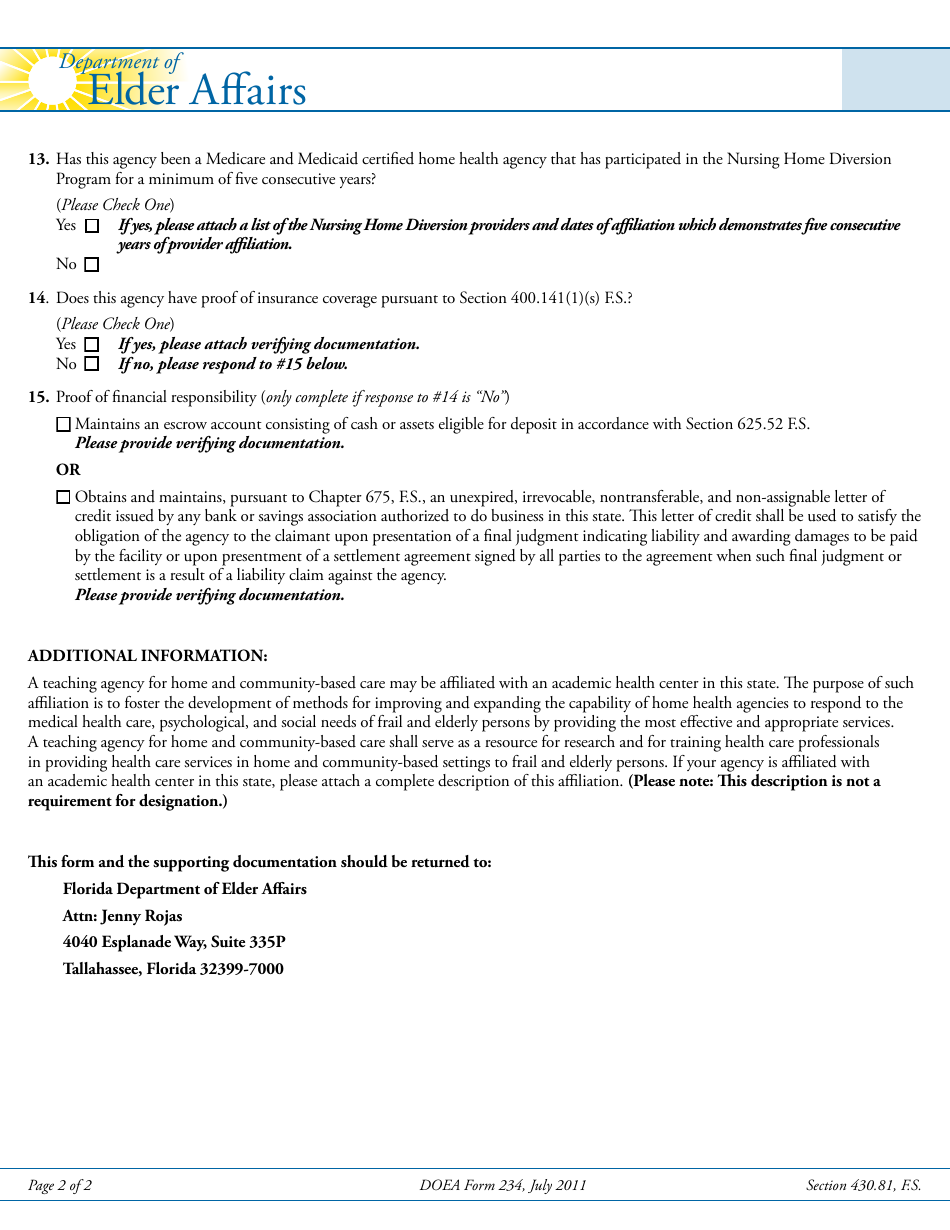 DOEA Form 234 Application for Designation of a Home Health Agency as a Teaching Agency for Home and Community-Based Care - Florida, Page 2