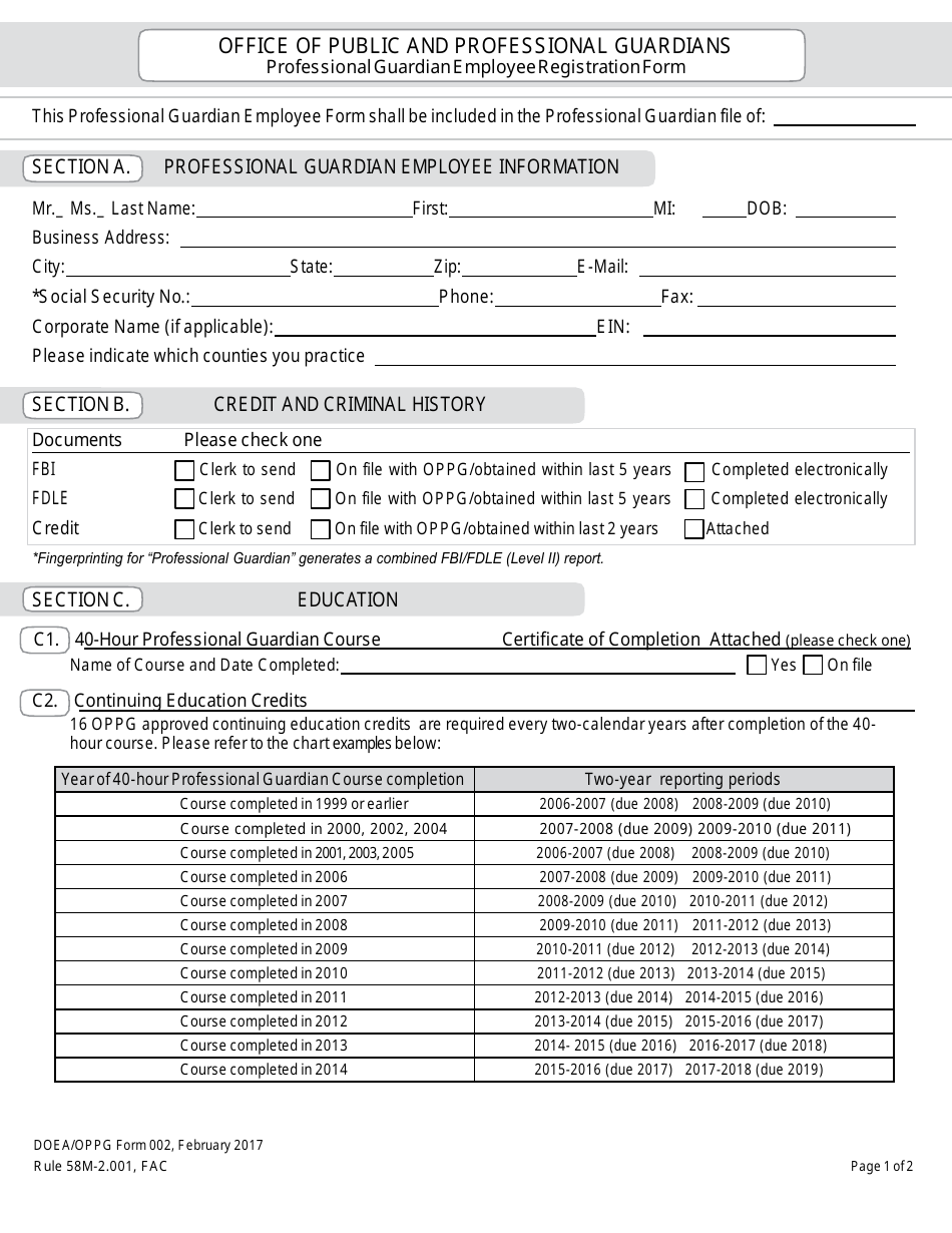 DOEA / OPPG Form 002 Professional Guardian Employee Registration Form - Florida, Page 1