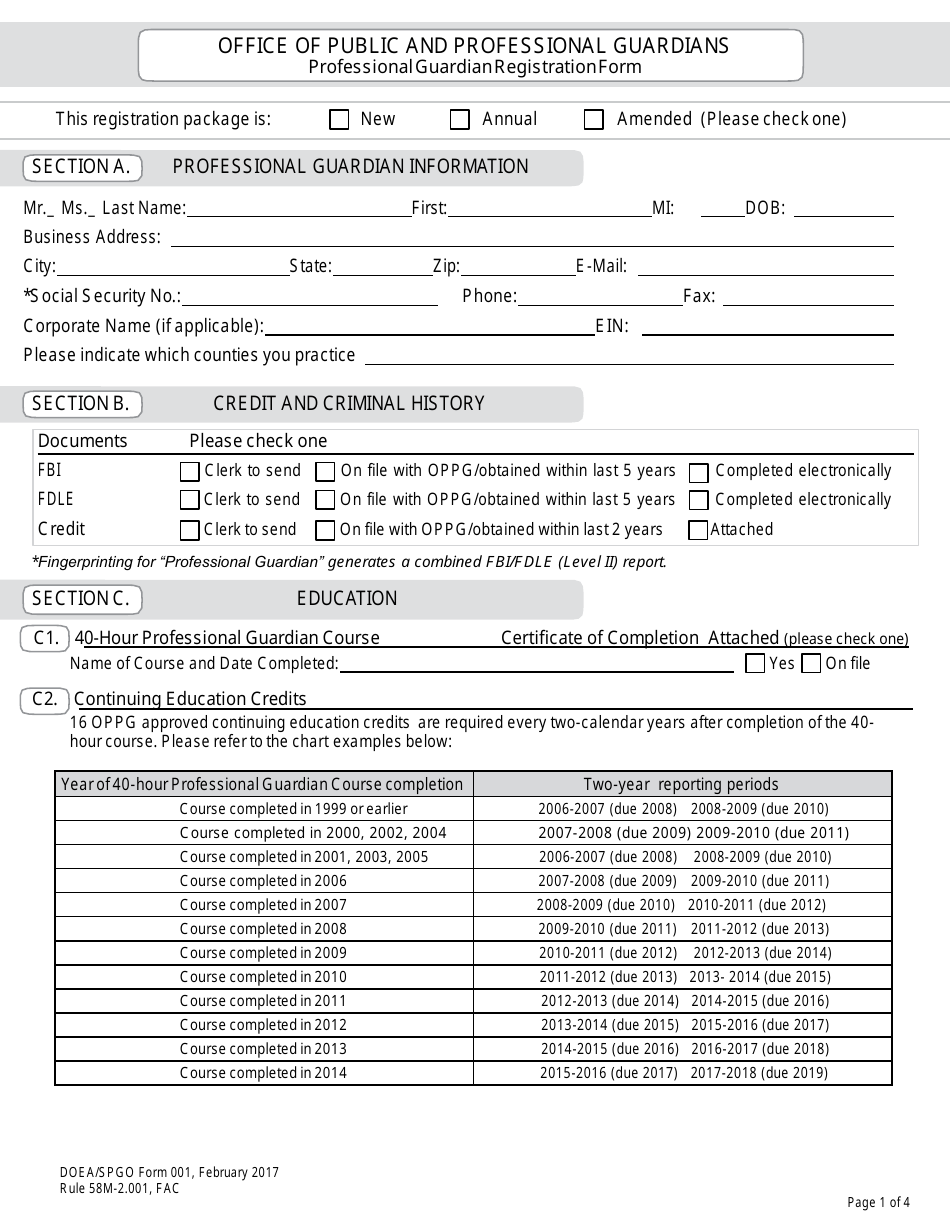 DOEA / SPGO Form 001 Professional Guardian Registration Form - Florida, Page 1