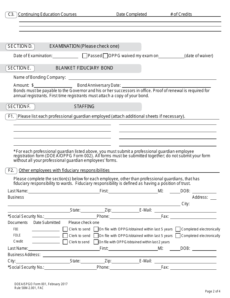 DOEA / SPGO Form 001 Professional Guardian Registration Form - Florida, Page 2
