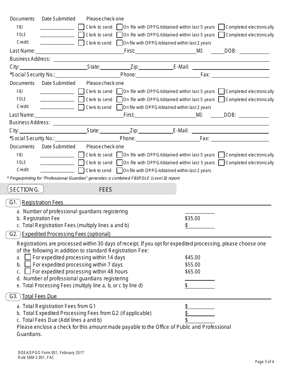 DOEA / SPGO Form 001 Professional Guardian Registration Form - Florida, Page 3