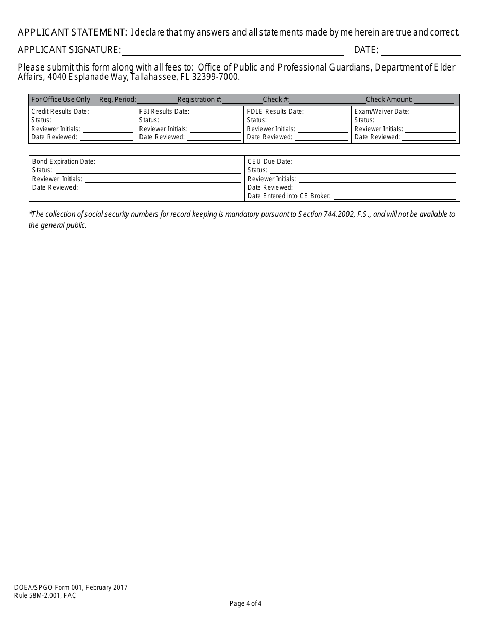 DOEA / SPGO Form 001 Professional Guardian Registration Form - Florida, Page 4
