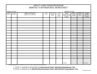 Monthly Expenditures Worksheet - Adult Care Food Program - Florida