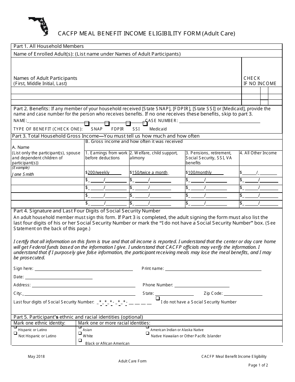 Florida CACFP Meal Benefit Eligibility Form (Adult Care) Fill