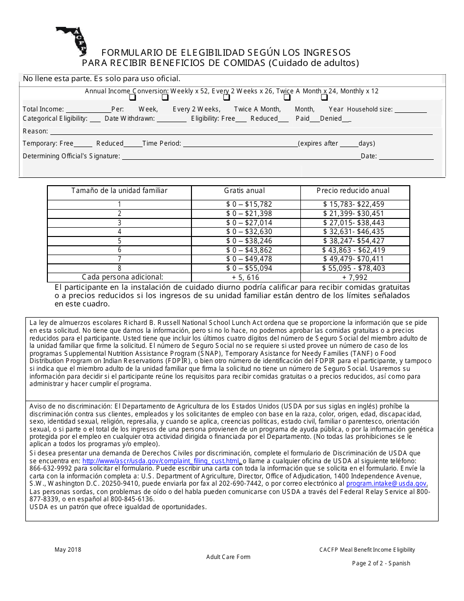 Formulario De Elegibilidad Segun Los Ingresos Para Recibir Beneficios De Comidas (Cuidado De Adultos) - Florida (Spanish), Page 2