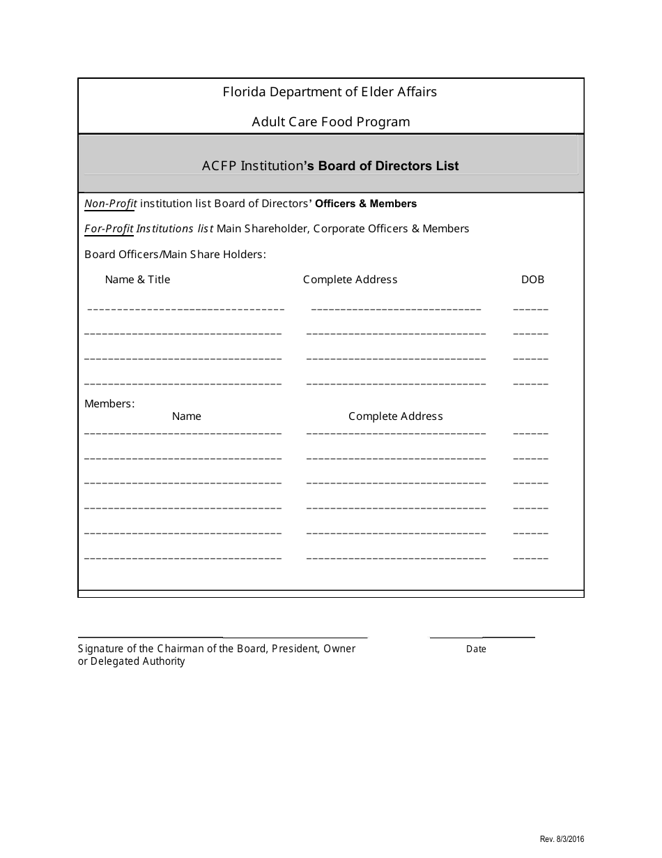 Acfp Institutions Board of Directors List - Adult Care Food Program - Florida, Page 1