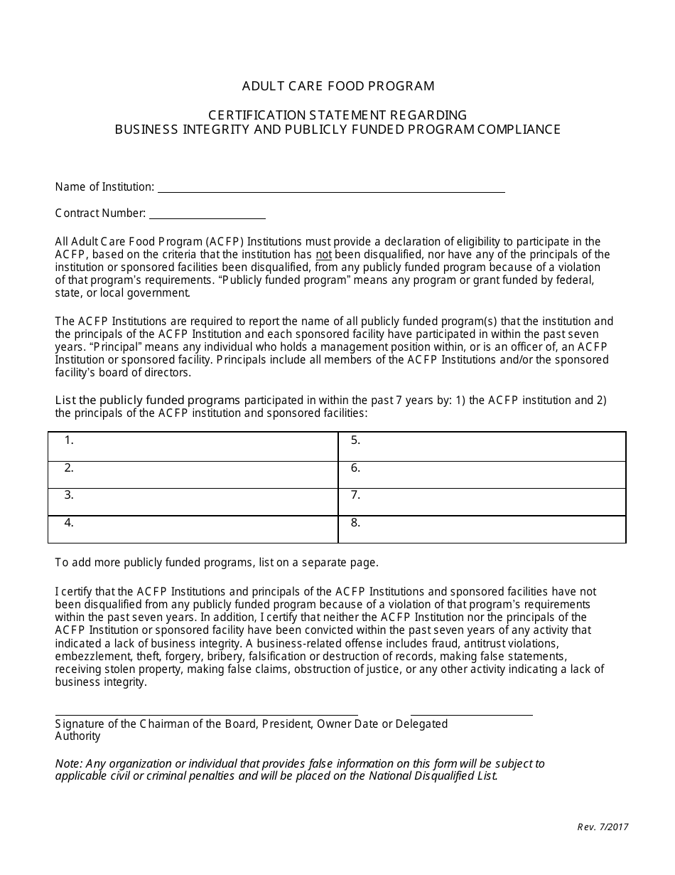 Certification Statement Regarding Business Integrity and Publicly Funded Program Compliance - Adult Care Food Program - Florida, Page 1